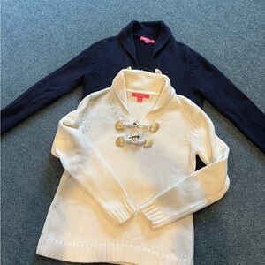 2 Lilly Pulitzer cotton toggle neck shawl collar sweaters. Navy and white